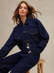 WESTFADE Collared Button Front Boxy Cropped Long Barrel Sleeve Denim Trucker Jacket Summer Country Concert - Dark Wash - View 6