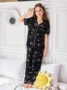 SHEIN 女童褶饰心形印花开衫睡衣套装 - 黑色 - 查看 4