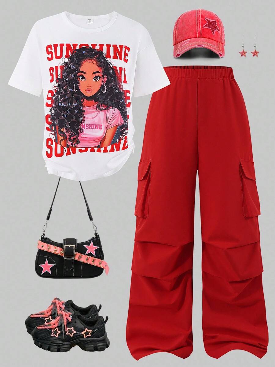 SHEIN Sparklyn 2件套青少年女孩休闲图案T恤和工装裤套装 - 紅色 - 查看 1