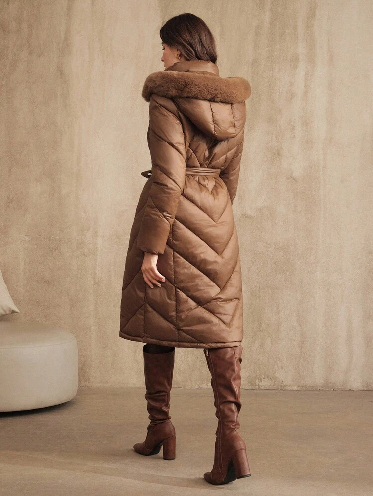 Abrigo con capucha y cuello de piel para mujer, adecuado para otoño, invierno, salir, elegante, formal, fiesta, chic, Año Nuevo, Navidad, trabajo, graduación, boda