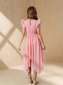 Tween Girls' Elegant Light Pink Summer Wedding Midi Dress,Stand Collar Flutter Sleeve Cinched Waist Asymmetric Hem Chiffon 3D Flower Decor Dress - Pink - View 2