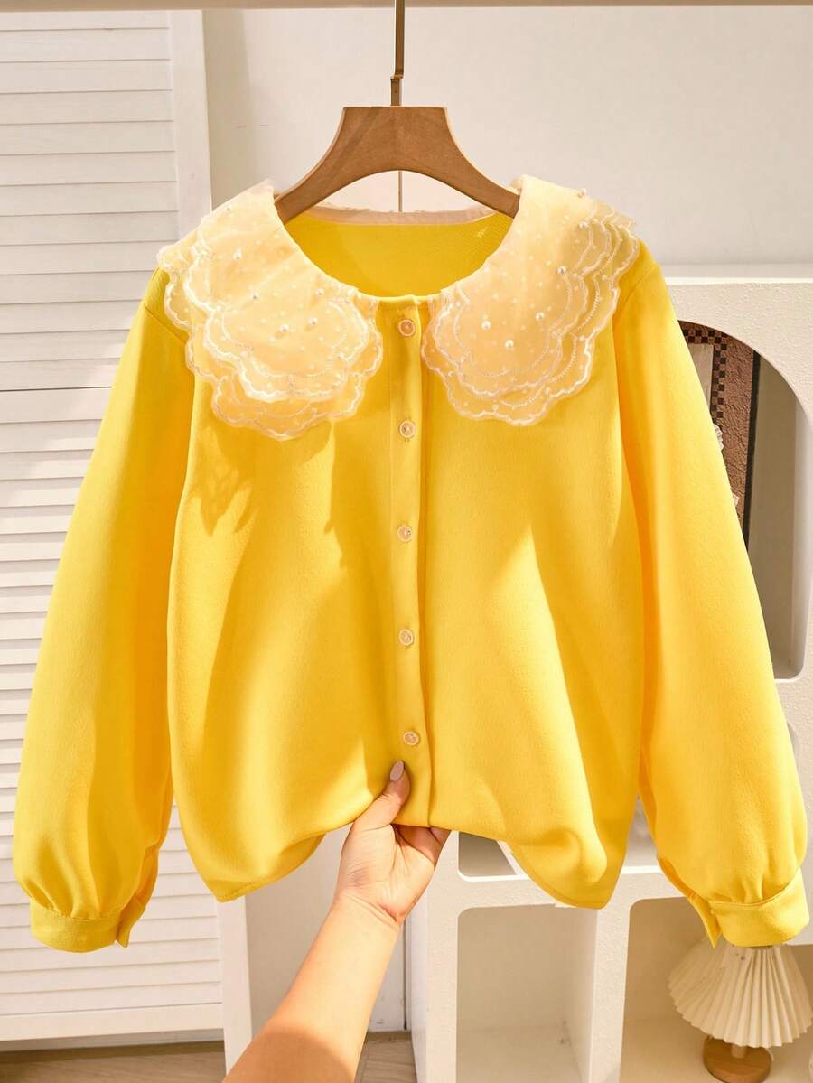 女童长袖休闲白色衬衫，多层荷叶边蕾丝领，珍珠装饰，舒适优雅，适合上学 - 黃色 - 查看 1