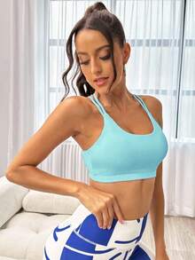 Menodora SHEIN Sport 女士纯色交叉后背日常健身运动文胸 - 淺藍色 - 查看 5