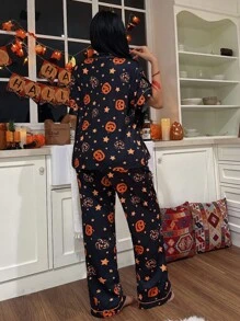CoupledUp Bộ đồ ngủ ve áo in hình đầu bí ngô Halloween dành cho nữ, đồ ngủ Halloween đôi cho cặp đôi, dành cho tiệc Halloween - màu đen - Xem 3