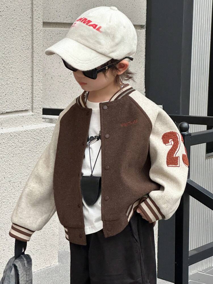 Kids Boys Casual Loose Fit Jacket With Embroidered Letter, Street Style, Autumn