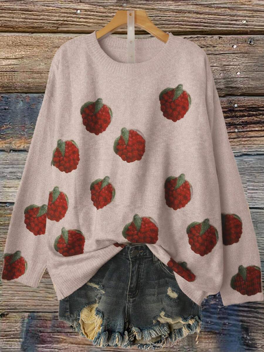 Linhara Plus Size Women's Digital Print Raspberry Pattern Casual Pullover Sweater Fall Winter Cloth For Women Autumn - Multicolor - View 1