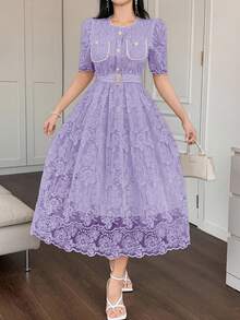 DAZY 优雅高档蕾丝连衣裙，系带腰身，修身刺绣连衣裙，柔美韩风优雅清爽连衣裙，夏季女装 - 紫色 - 查看 2