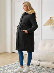 SHEIN Maternity Casual Drawstring Waist Hooded Jacket, Versatile For Winter Winter Clothes Chic - Black - View 4