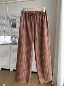 SHEIN Comfortcana Linen Textured Striped Drawstring Waist Comfortable Casual Plus Size Pants - Red - View 4