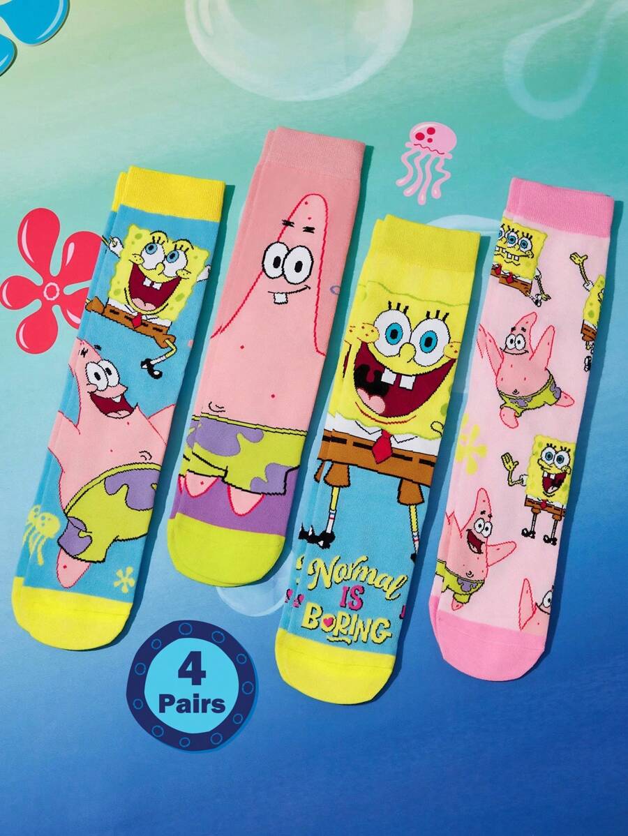SpongeBob SquarePants | SHEIN 4 双柔软透气吸湿排汗休闲女士中筒袜，时尚可爱的粉色和蓝色中筒袜，加固的脚趾和脚跟，经久耐用，适合所有季节，夏季和冬季 - 彩色 - 查看 1