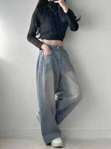 DAZY Jeans casuales y versátiles de pierna ancha y bolsillos para mujer - Lavado ligero - Ver 3