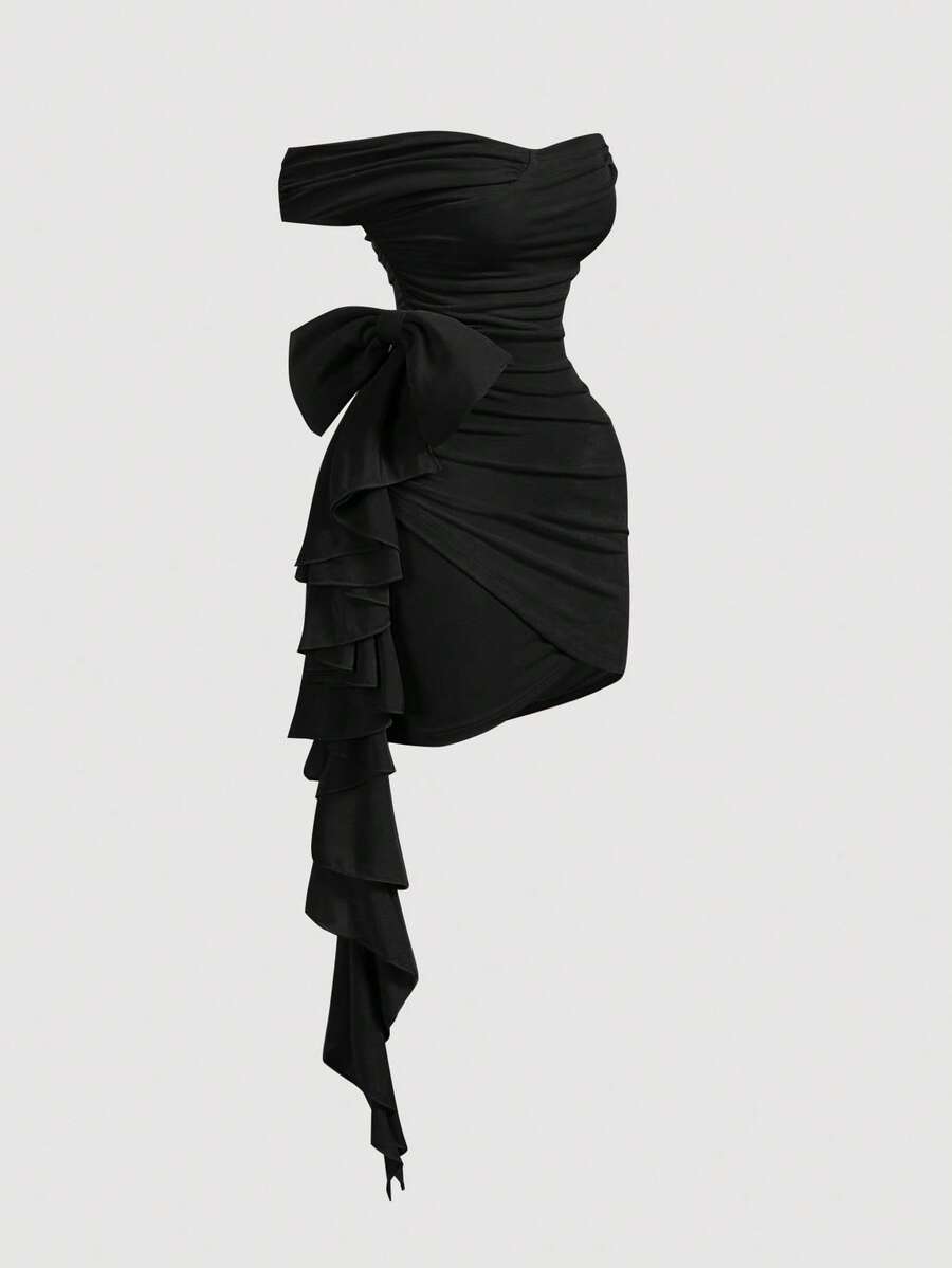 SHEIN MOD 卡其色单肩裹身裙，搭配超大蝴蝶结细节 - 适合派对、度假、约会、生日庆祝、下午茶和节日 - 黑色 - 查看 1