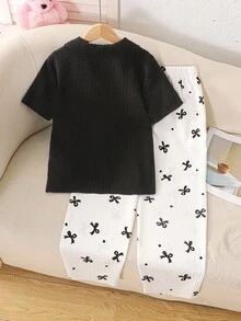 SHEIN 青少年女孩编织睡衣套装，蝴蝶结装饰衬衫，V 领翻领纽扣前短袖上衣和宽松休闲长裤，2 件套睡衣套装 - 黑與白 - 查看 3