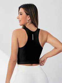 Eassivo Eassivo 高弹力无缝纯色无袖运动 T 恤和背心女式修身衬衫 - 黑色 - 查看 2