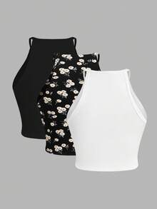 SHEIN Essnce 大码女式夏季休闲修身吊带背心 3 件装，夏季女装，可爱夏季上衣，短款女式上衣，女式背心，黑白，Y2K，雏菊，吊带 3 件装 - 彩色 - 查看 9