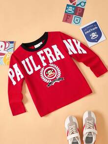 Paul Frank X SHEIN Young Boy Cool Letter Graphic Red Long Sleeve T-Shirt, Autumn/Winter - Red - View 1