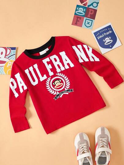 Paul Frank X SHEIN Young Boy Cool Letter Graphic Red Long Sleeve T-Shirt, Autumn/Winter