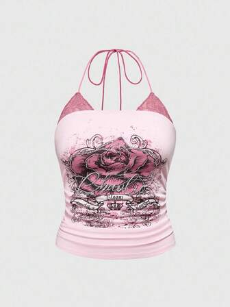 J-Fashion Débardeur à volants en 2 pièces avec imprimé rose Gyura et strass, coupe grande taille Y2K