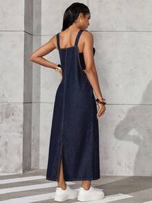 SHEIN ICON Váy denim dài không tay cho nữ, thời trang và đa năng cho mùa hè - Rửa tối - Xem 2