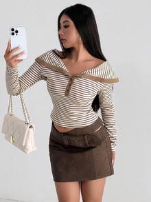 Aidyla Striped Knit Collared Long Sleeve Off-Shoulder Henley T-Shirt Tops With Minimalist Design Fall Clothes For Women - Khaki - View 7