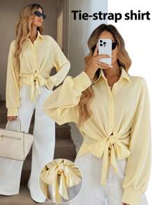 Easowa 秋季女装针织纹理面料衬衫，领口系带袖口长袖衬衫，复古风格，适合夏季/秋季穿着，90年代伊比沙岛风情，女士沙滩装/夏季波西米亚复古风黄色系带衬衫，浅黄色上衣，柠檬黄衬衫，秋季返校季可爱夏季上衣，商务休闲女装，办公室女装，工作上衣，外出上衣，女教师款，秋季女教师款，纽扣衬衫，可爱上衣，秋季校服衬衫 - 黃色 - 查看 2