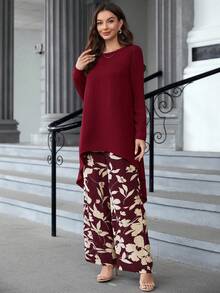 EMERY ROSE Women's Elegant Commuter Solid Color Asymmetric Hem Top & Floral Print Pants 2 Pieces Set - Burgundy - View 4