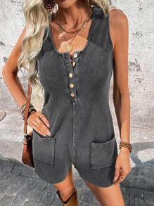 SHEIN LUNE Women's Casual Washed Fabric Music Festival Spring/Summer Daily Basic Outfit Jumpsuit With Pockets - Dark Grey - View 4