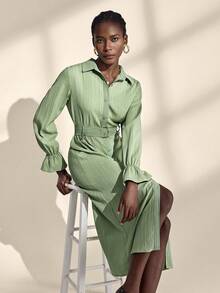 Chiquease Women's Elegant Patchwork Waist Loose Long Sleeve Midi Dress - Green - View 6