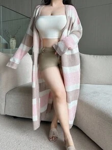 Flirla Plus Size Color Block Striped Mid-Length Cardigan, New Autumn/Winter Design Fall - Pink - View 4