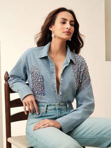 Anewsta 奢华宽松牛仔衬衫 - 藍色 - 查看 5