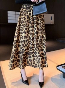 DAZY Gonna a-line casual da donna, stampa leopardata autunnale - Caffè Marrone - Visualizzare 3