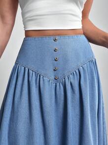 Elenzga 女式休闲高腰飘逸下摆加长牛仔裙 - 藍色 - 查看 7