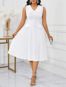 SHEIN Lady Women Summer Elegant White V-Neck Pleated Patchwork Midi Dress For Wedding Guest - White - View 7