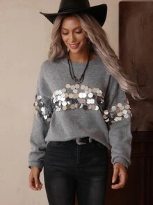 Women's Handmade Sequin Embellished Western Casual Sweater, LanaWest Fall Winter Cloth For Women - Grey - View 4
