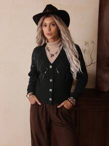 Cardigan casual feminino com lantejoulas e cor sólida, LanaWest - Preto - Ver 5