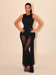 Sirith Damen einfarbiger runder Ausschnitt sexy ärmellose Mesh transparenter Jumpsuit