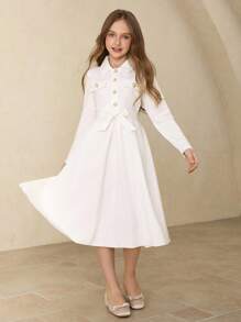 Elegancka, minimalistyczna, modna sukienka koszulowa dla dziewcząt z obniżonymi ramionami, długim rękawem i ściągaczem w pasie, średniej długości, w jednolitym kolorze, z perłowymi guzikami, odpowiednia na ukończenie szkoły, oficjalne okazje, Boże Narodzenie, Halloween i na każdą porę roku - Biały - Zobacz 4