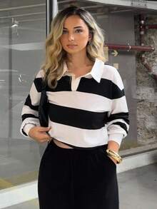 Jeta Ari 半鈕領色塊下垂肩春季短版t恤 - 黑與白 - 查看 1