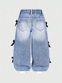 Elladie kids 女童（小号）破洞复古时尚个性前片开叉漂白牛仔阔腿牛仔裤，带 3D 蝴蝶结，百搭四季蓝色休闲裤 - 藍色 - 查看 3