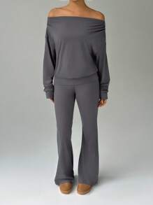 FavEase 1 套女式休闲纯色露肩长袖宽松短款上衣和低腰抽绳喇叭裤，秋季服装