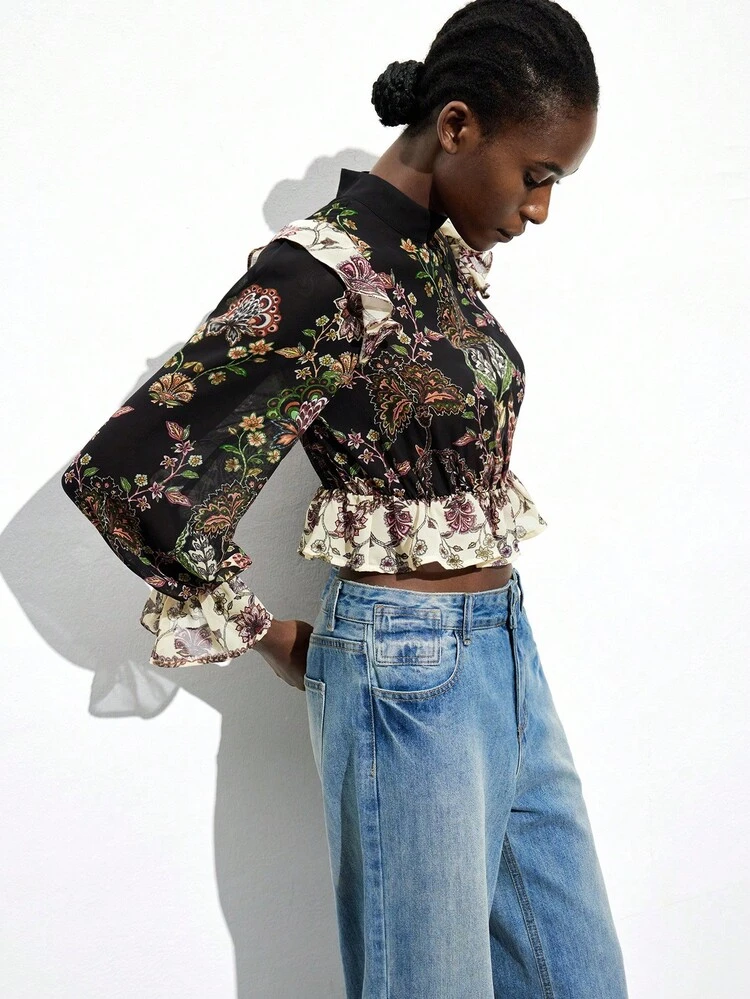 SHEIN Maija Vintage Style Floral Print Long Sleeve Shirt For Women, Featuring Romantic & Elegant Floral Accents. The Cropped Design With Ruffle Hem Details Adds A Lively And Fashionable Touch. Suitable For Casual Wear, Outings, Vacations, Beach , Parties And Dates, Showcasing The Unique Style And Charm Of Fashionable Women As A Versatile Wardrobe Essential