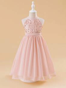 Glamorique Kids 年轻女孩优雅闪亮亮片无袖雪纺派对连衣裙，粉色 - 粉色 - 查看 1