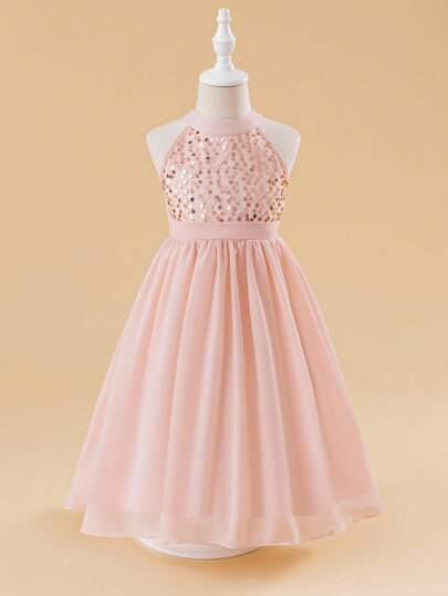 Glamorique Kids 年轻女孩优雅闪亮亮片无袖雪纺派对连衣裙，粉色