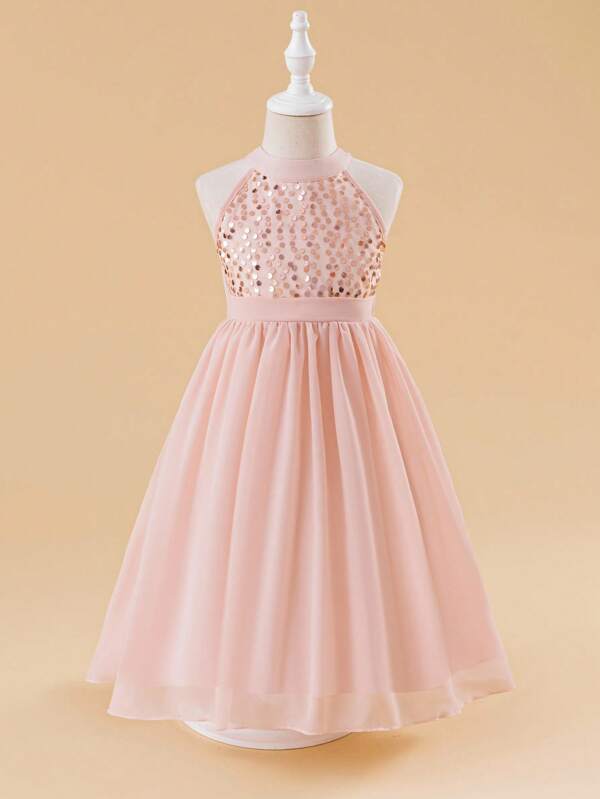 Glamorique Kids 年轻女孩优雅闪亮亮片无袖雪纺派对连衣裙，粉色