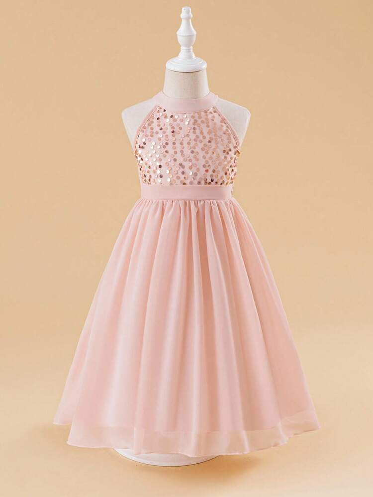 Glamorique Kids 年轻女孩优雅闪亮亮片无袖雪纺派对连衣裙，粉色 - 粉色 - 查看 1