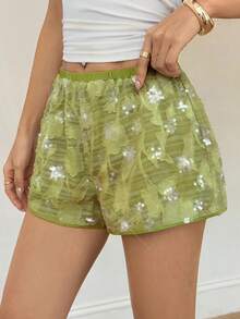 SHEIN PETITE Pantaloni scurți din șifon brodat cu paiete verzi pentru femei, potriviți pentru vară, mici, casual și slăbire - Verde - Vizualizare 3