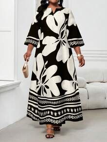 SHEIN Lady Vestido holgado de manga larga con cuello en V y estampado floral, estilo vacacional para mujer - Blanco y Negro - Ver 1