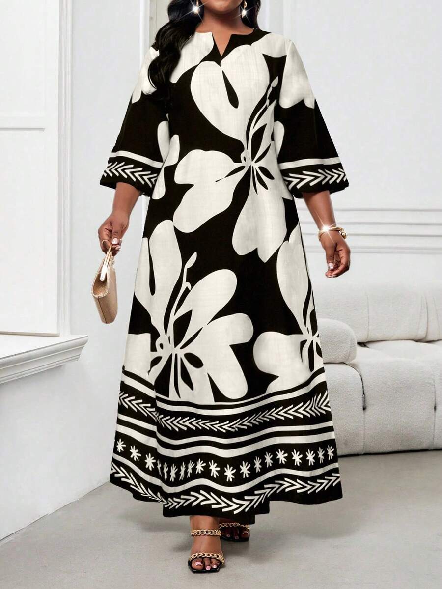 SHEIN Lady Vestido holgado de manga larga con cuello en V y estampado floral, estilo vacacional para mujer - Blanco y Negro - Ver 1