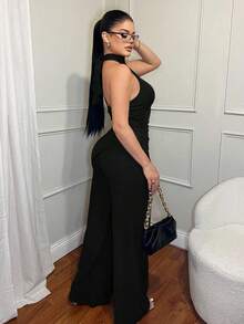 SHEIN SXY 2件組休閒通勤無袖上衣與純色長褲套裝，黑色，適合豐滿身材，大尺碼女款 - 黑色 - 查看 2