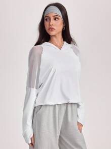 SHEIN Sports 女士休闲纯色运动网眼拼接卫衣 - 白色 - 查看 4